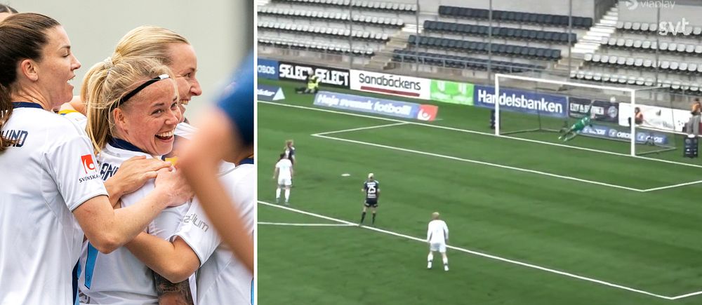 Delad bild. Vänster: fotbollsspelare firar mål. Höger: en spelare ska slå en straff på plan.