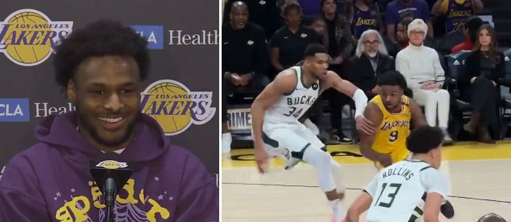 Delad bild. Vänster: Lakers tröja på presskonferens. Höger: Basketmatch mellan Lakers och Bucks.