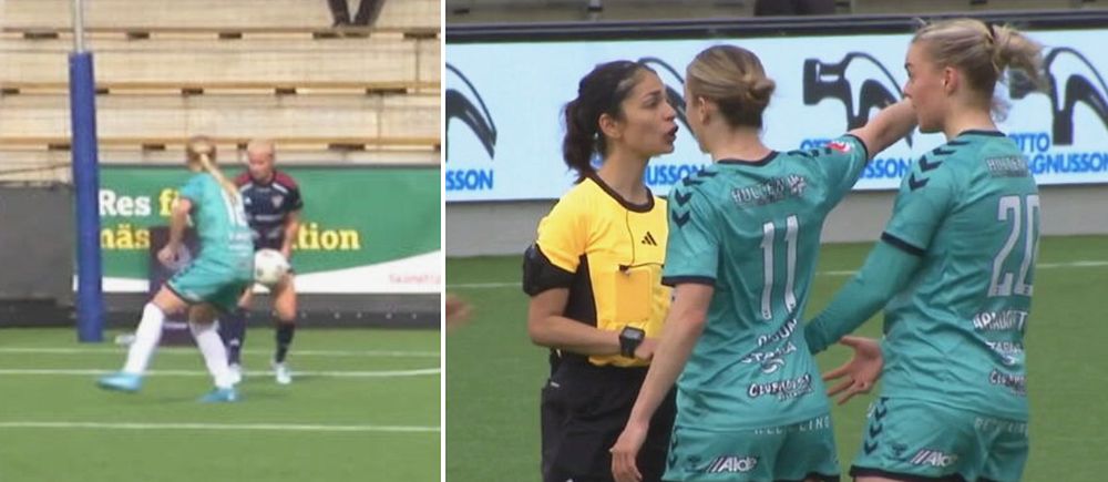 Delad bild. Vänster: två fotbollsspelare kämpar. Höger: domare diskuterar med två spelare.