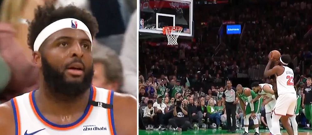 Delad bild. Till vänster: spelare i New York Knicks-tröja. Till höger: straffkast i basketmatch.