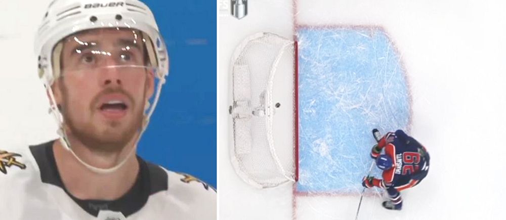 Delad bild. Vänster: hockeyspelare i vit tröja. Höger: målvakt försvarar mål från ovan.