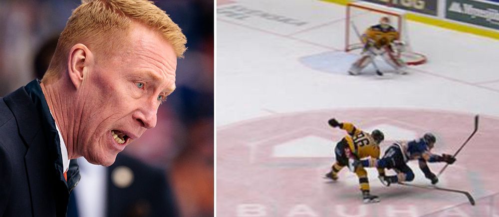 Delad bild. Till höger: Ishockeyspelare duellerar nära mål. Målvakt beredd att försvara.