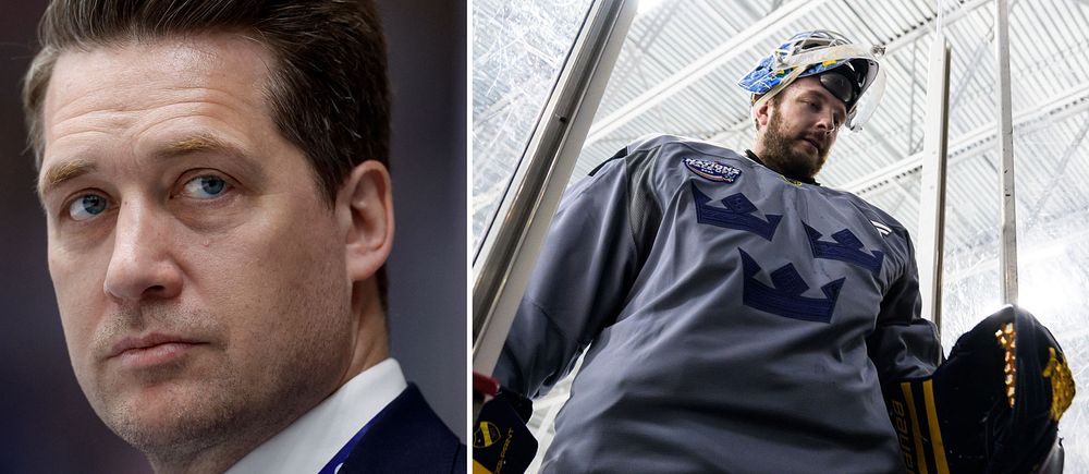 Delad bild. Till vänster en person i kostym, till höger en hockeyspelare i svensk landslagströja.
