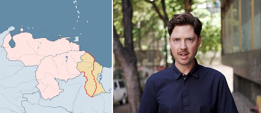 En karta över Venezuala och Guyana samt den del som Venezuala vill åt till vänster, Tigran Feiler, till höger.