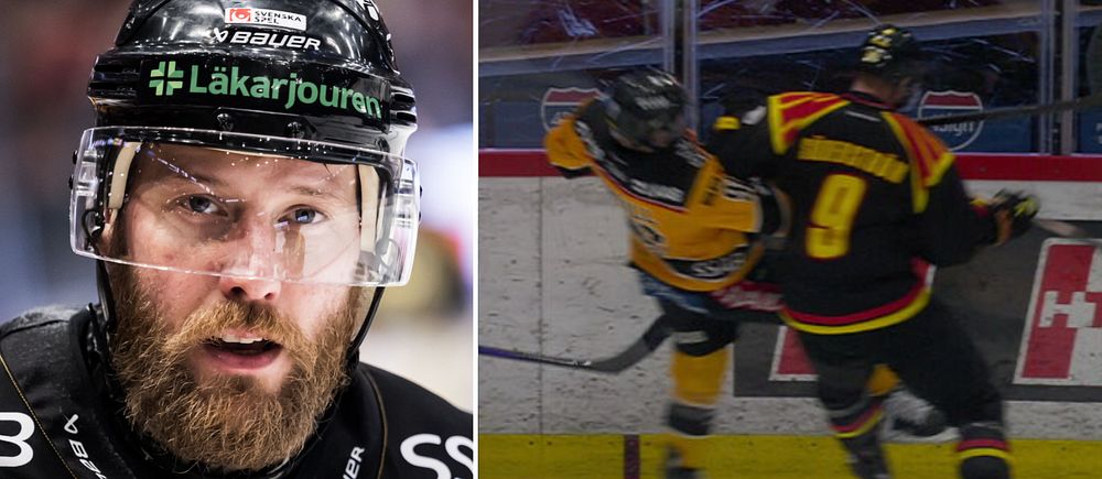 Delad bild. Till vänster en hockeyspelare i närbild. Till höger en tacklingssituation på isen.