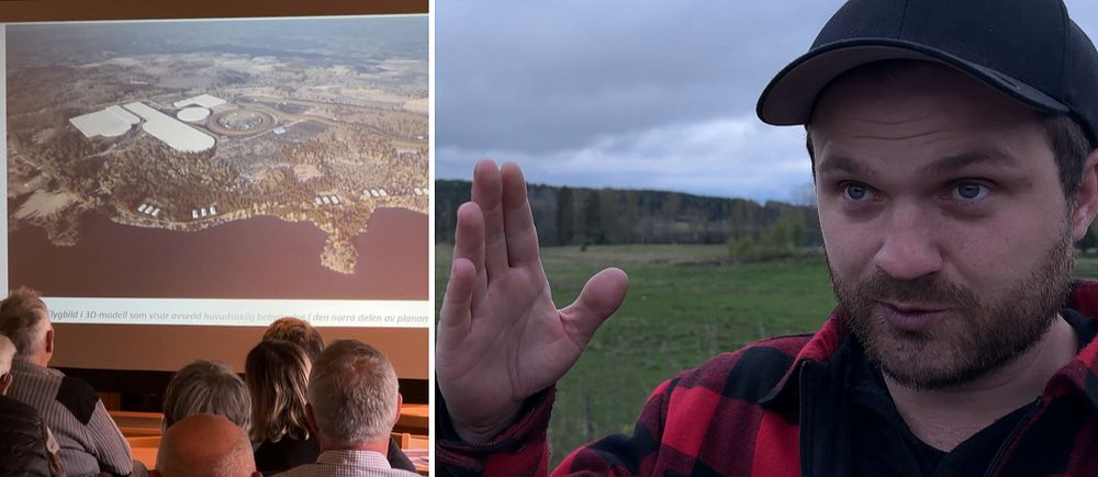 Delad bild. Till vänster: publik ser presentation av flygbild. Till höger: person utomhus.