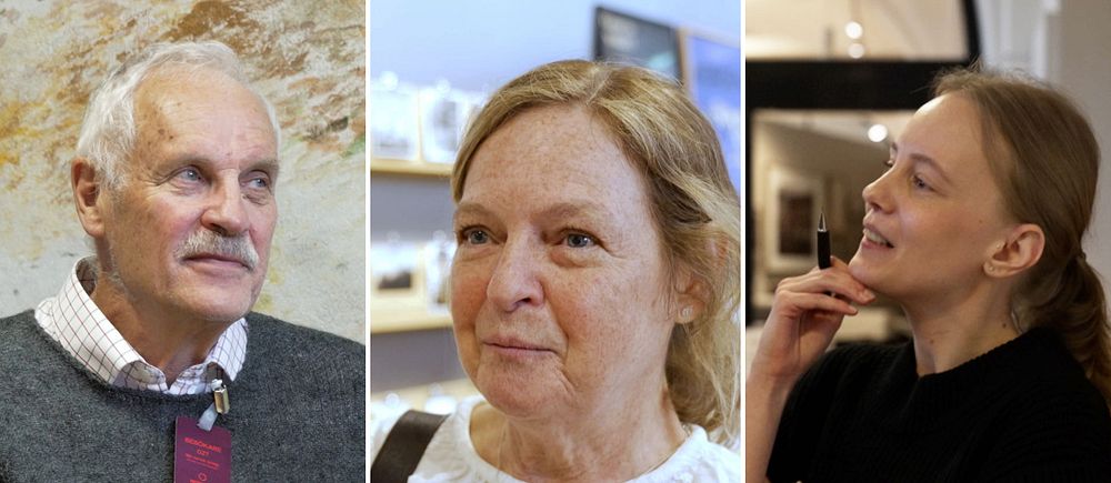 Tredelad bild. Från vänster: äldre man, kvinna i vitt, ung kvinna med anteckningsblock.