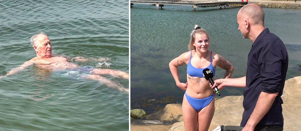 En äldre man badar i havet, ung kvinna står på badplats i badkläder på klippor och intervjuas av SVT:s reporter i Göteborg