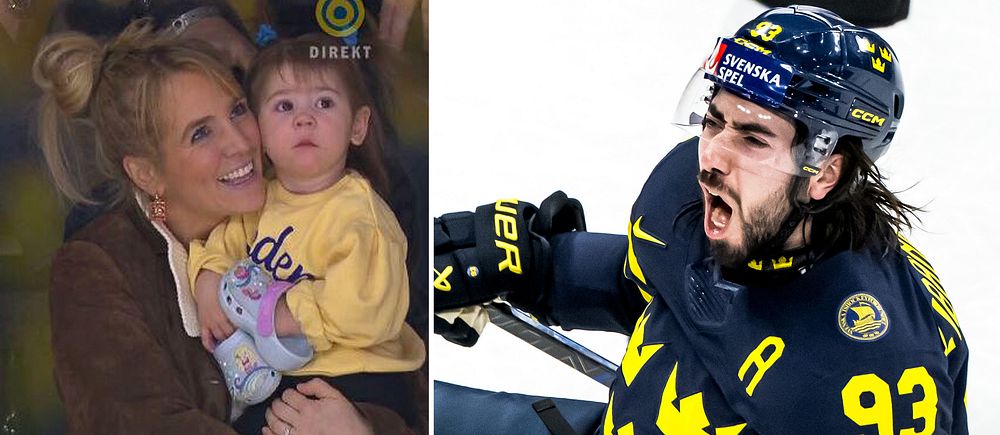 Delad bild. Till vänster: person håller barn. Till höger: ishockeyspelare i landslagsdräkt.