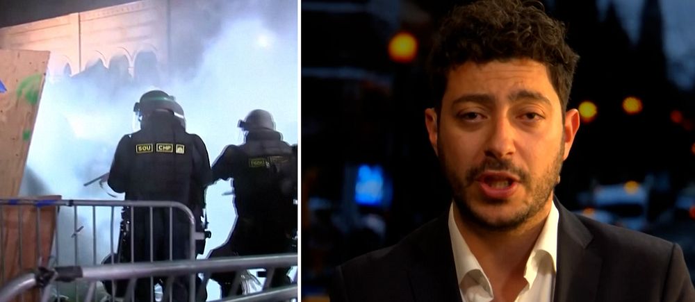 SVT:s USA-korrespondent Fouad Youcefi och amerikansk kravallpolis.