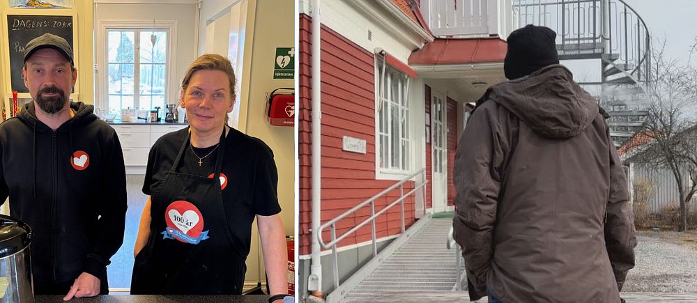 Tvådelad bild. Vänster: två personer i ett kök. Höger: person utomhus vid röd byggnad.