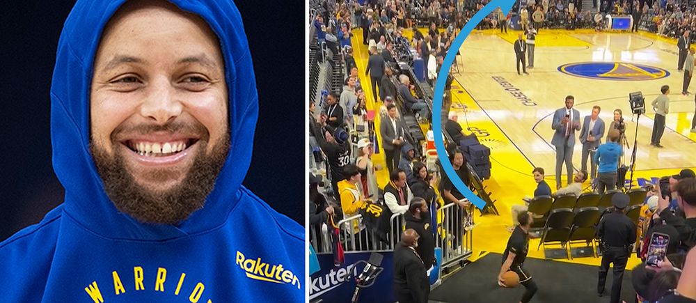 Tvådelad bild. Till vänster: Golden State Warriors-logotyp på blå hoodie. Till höger: Basketspelare värmer upp inför match.