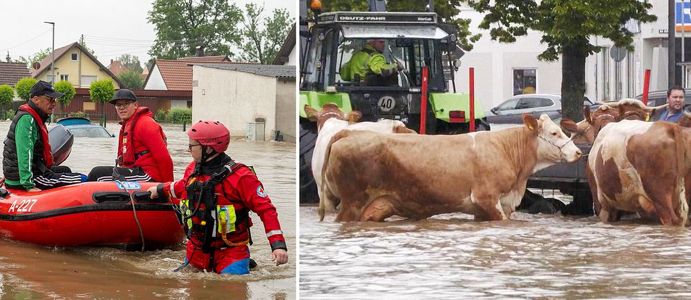 Människor räddas från översvämningar i staden Babenhausen, där stora delar av bilar täckts helt av vattenmassorna.