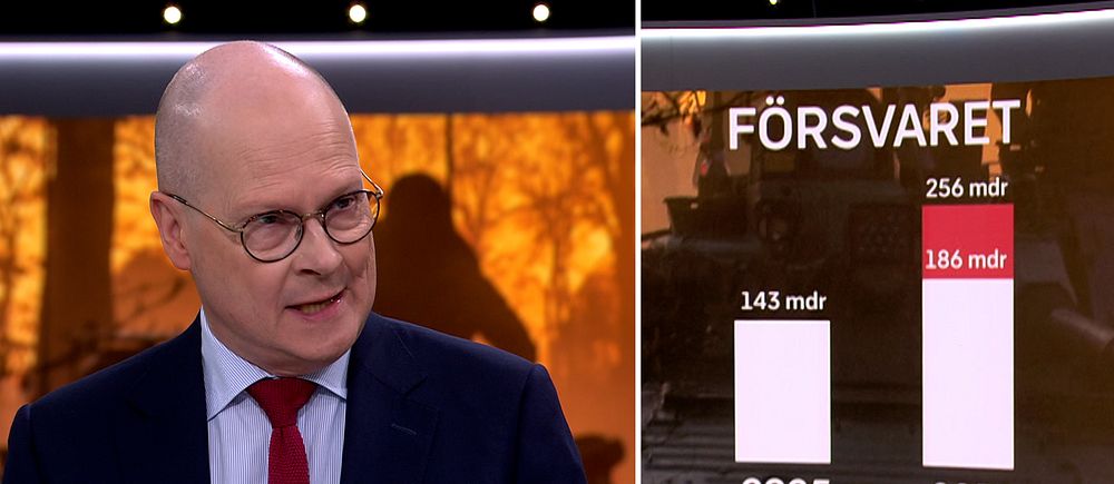 Delad bild. Till vänster: siluett av en person i studio. Till höger: graf över försvarsbudget 2025-2030.