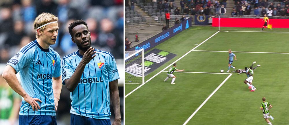 Delad bild. Till vänster: två Djurgården-spelare samtalar. Till höger: matchsekvens framför mål.