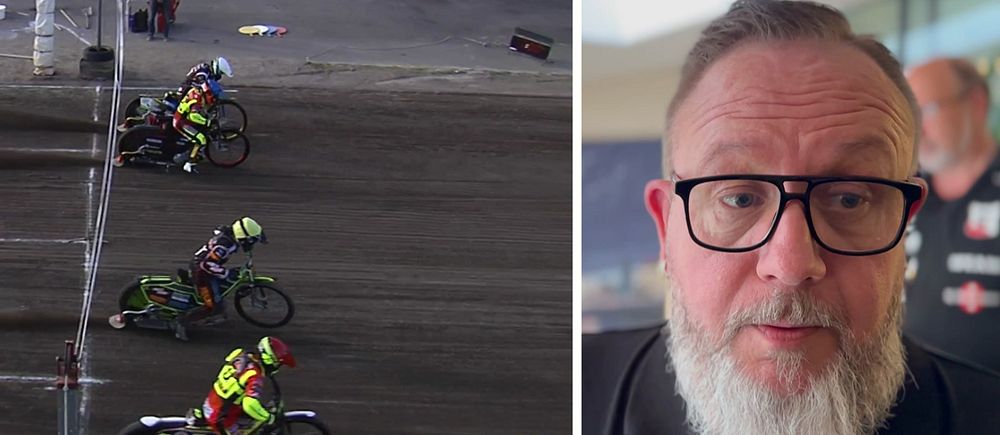 Delad bild. Till vänster: fyra speedway-förare tävlar. Till höger: en man med skägg intervjuas med SVT-mikrofon.
