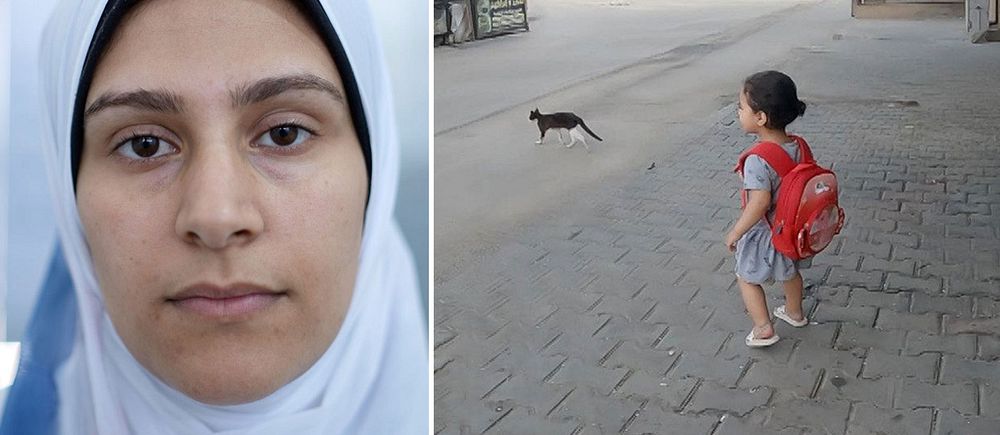 Tvådelad bild: Person i vit sjal på närbild, flicka med ryggsäck går på tom gata. Bild från SVT:s dokumentär ”Gaza – till sista andetaget”