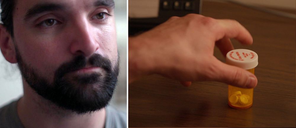 Bild bestående av två sektioner. Vänstra sektionen visar en person med oskarp ansiktsdetalj. Högra sektionen visar en hand som håller en apoteksflaska med gula piller på en yta nära en telefon.