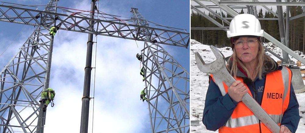 Arbetare som klättrar upp för elstolpe. SVT:s reporter Randi Gitz med gigantiskt verktyg i händerna till höger.