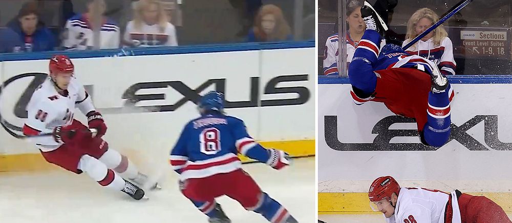 Se virala tacklingen i NHL – NY Rangers-spelaren Trouba far in i sargen med huvudet först