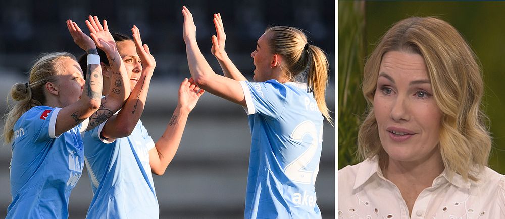 Delad bild. Vänster: Fotbollsspelare firar mål. Höger: Person i vit skjorta.