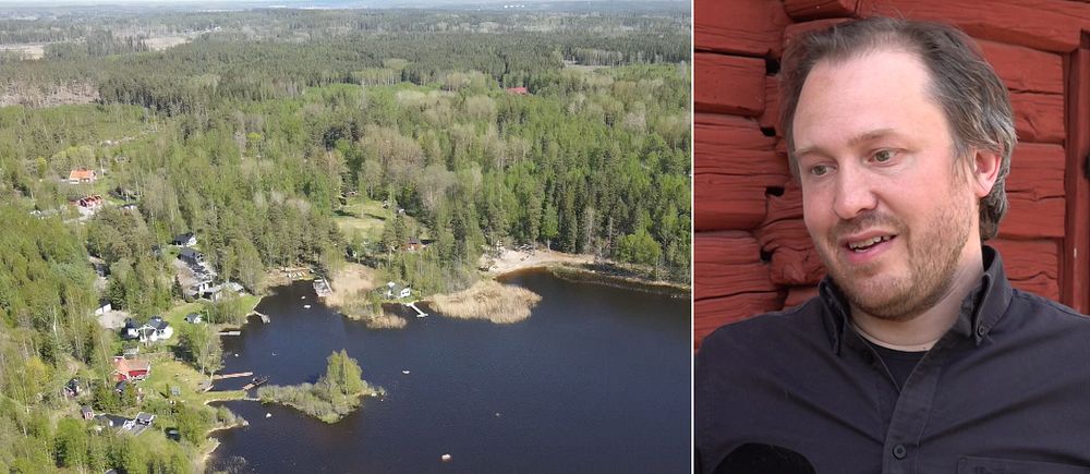 Drönarbild över sjö i Arboga och man som intervjuas av SVT om solcellspark