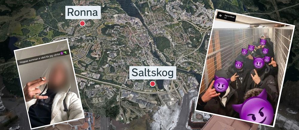 En karta på Ronna och Saltskog. Bilder på kriminella i Ronnafalangen och Saltskogsfalangen.