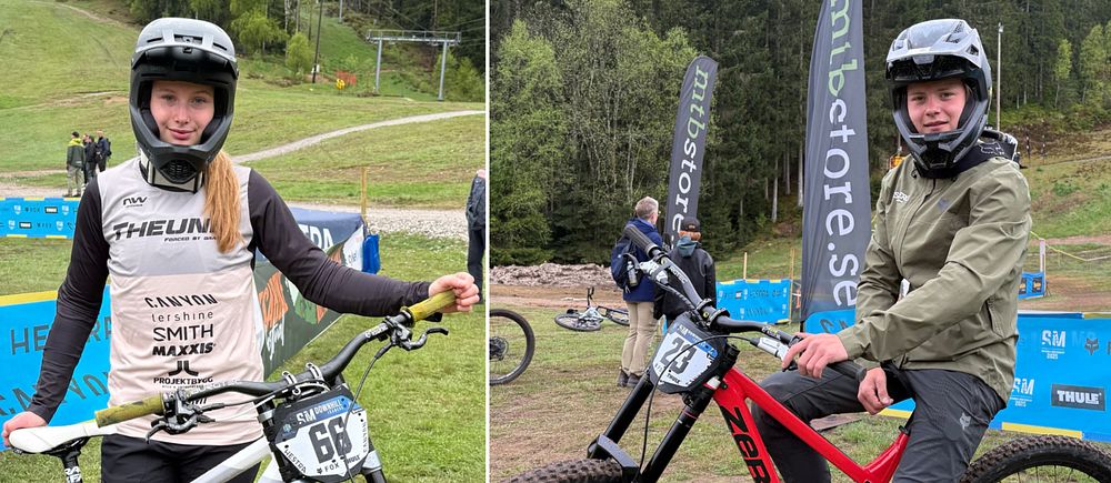 Delad bild. Till vänster: cyklist i vit tröja med mountainbike. Till höger: cyklist i grön jacka med röd mountainbike.