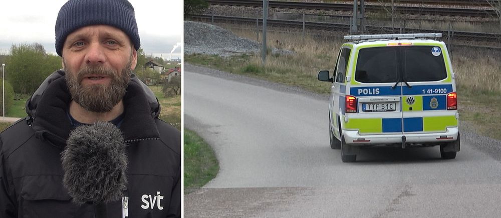 Delad bild. Till vänster: reporter med mikrofon. Till höger: polisbil kör på landsväg.