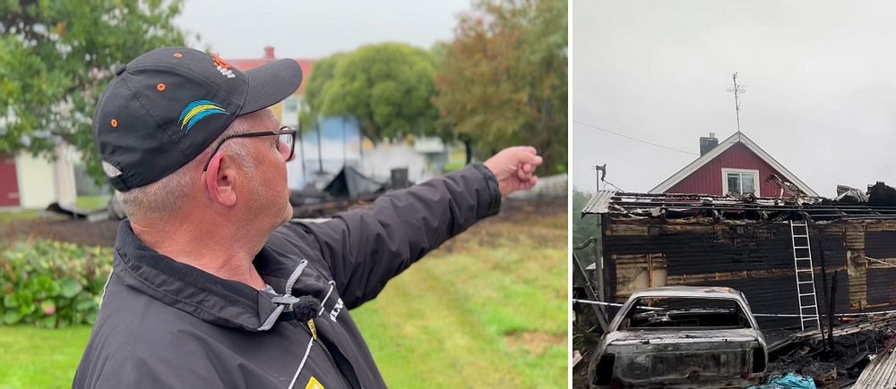 Lars Åkerström pekar mot branden som startade under onsdagen i Ursviken