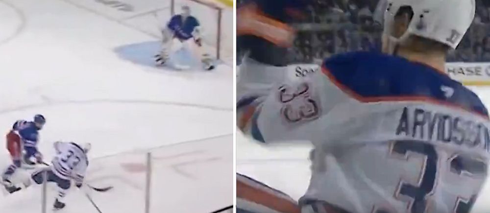 Tvådelad bild. Vänster: hockeyspelare skjuter mot mål. Höger: Arvidsson firar efter mål.