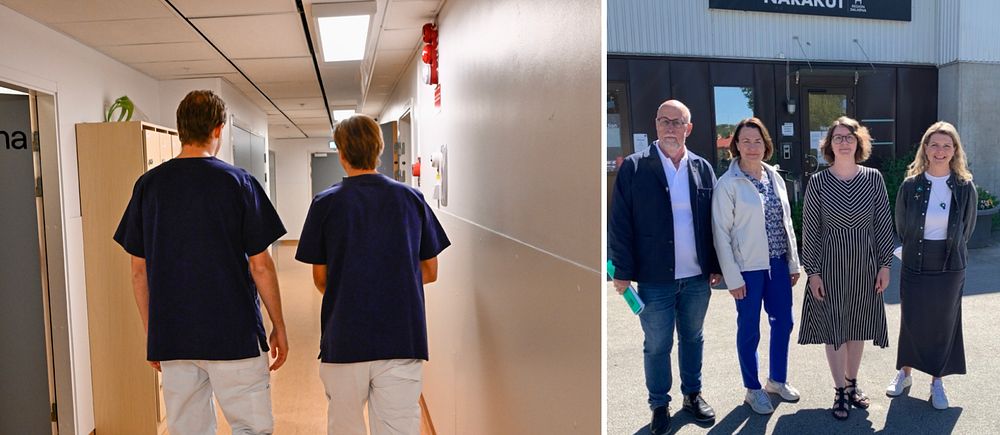 två vårdpersonal gåendes i en korridor och politiker i Region Dalarna står uppraddade.