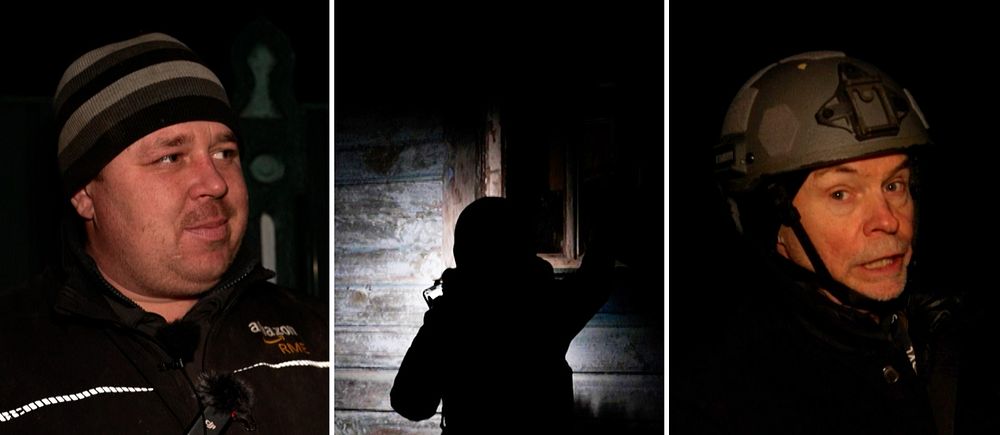 En delad bild med tre sektioner: Den första visar en person. Den andra sektionen visar en silhuett av en person mot en trävägg. Den tredje sektionen visar en person med hjälm.