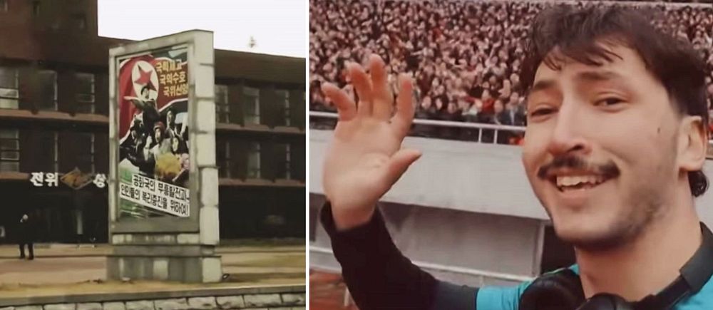 Delad bild. Till vänster: ett monument i stadsmiljö i Pyongyang. Till höger: en person på en arena som vinkar till kameran.