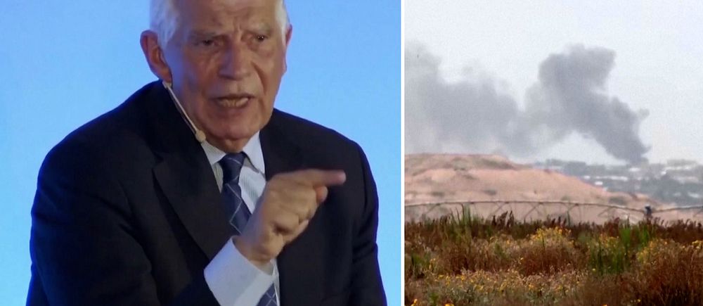 EU:s utrikeschef Josep Borrell. Svart rök över Gaza.