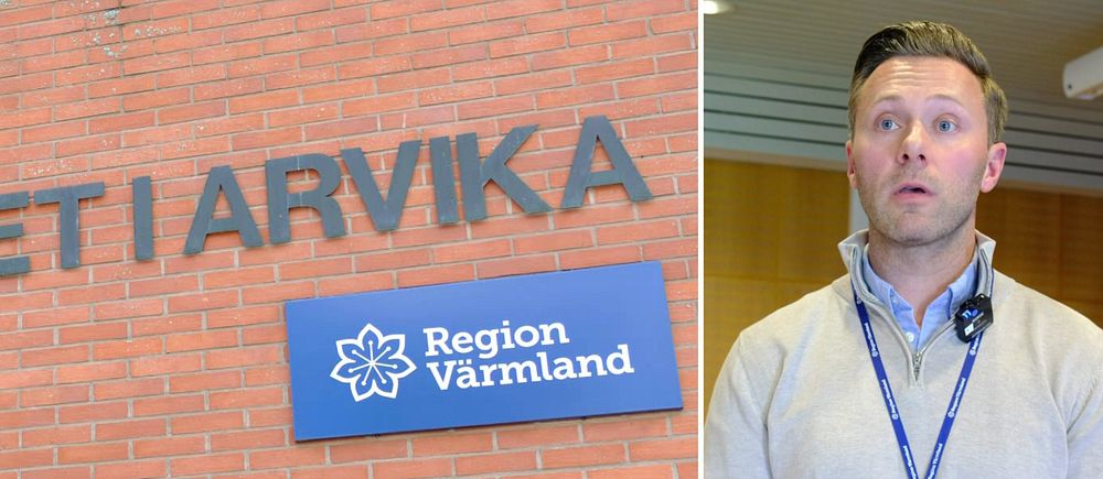Delad bild. Till vänster: skylt med Region Värmland vid sjukhuset i Arvika. Till höger: person i arbetskläder med ID-bricka och Region Värmland-nyckelband.