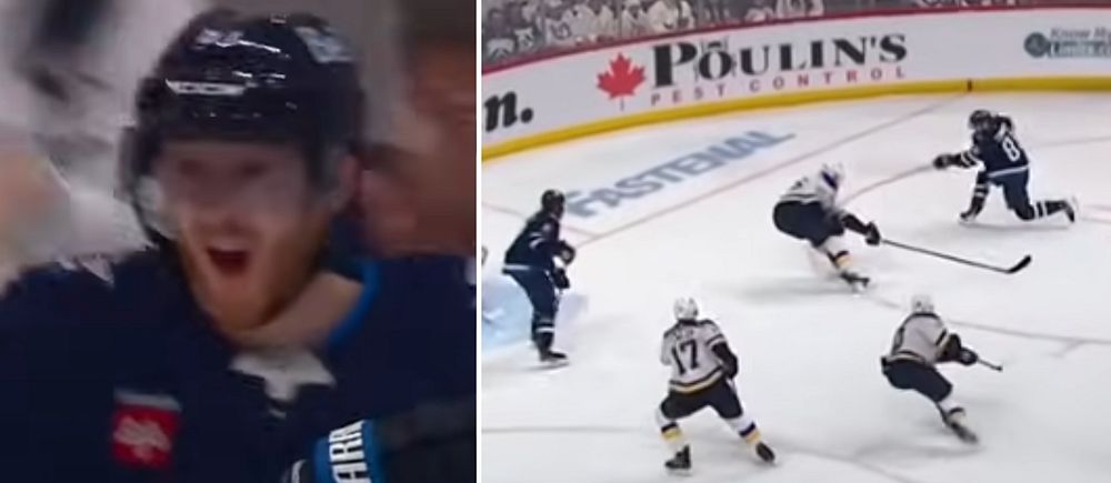Delad bild. Vänster: hockeyspelare vid avbytarbänken. Höger: intensiv hockeymatch på isen.