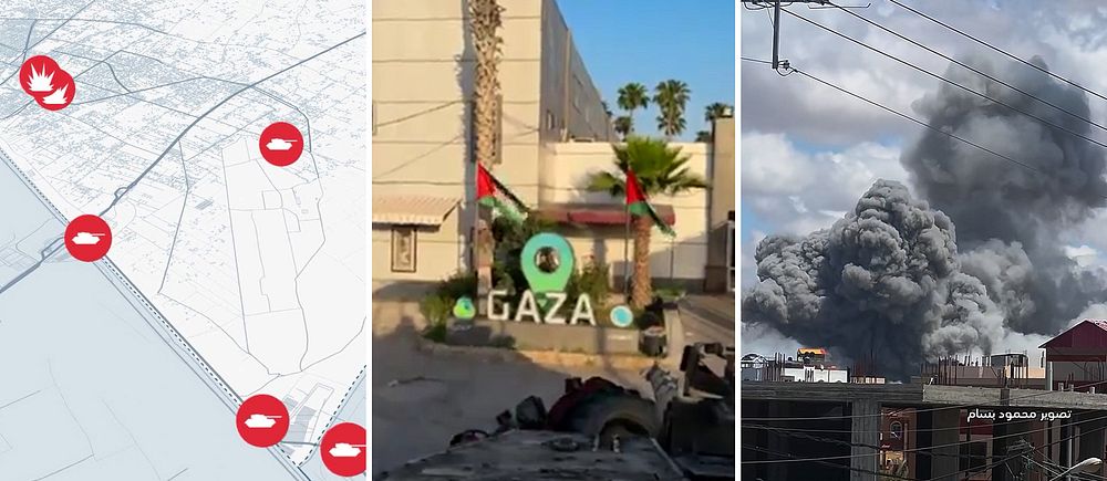 Bildmontage: till vänster: karta över Rafah, i mitten: gränsövergången mellan Gaza och Egypten, till höger: en explosion i Rafah följt av en flygbomb