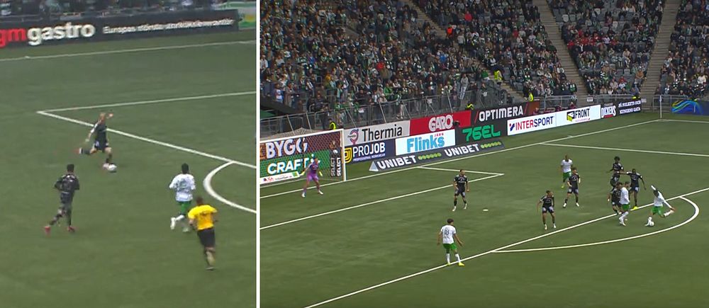 Delad bild. Vänster: spelare närmar sig straffområdet. Höger: anfall nära målet inför publik.