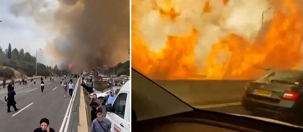 Delad bild. Till vänster: människor flyr från skogsbrand. Till höger: eldslågor nära bilväg.