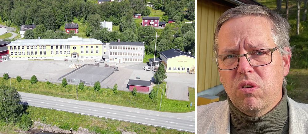 Drönarbild över skidgymnasiet i Tärnaby och Anders Persson ordförande i Södra Lapplands gymnasieförbund.