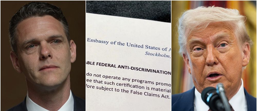 Tredelad bild. Till vänster: man i kostym. I mitten: amerikanskt dokument. Till höger: person vid mikrofon.