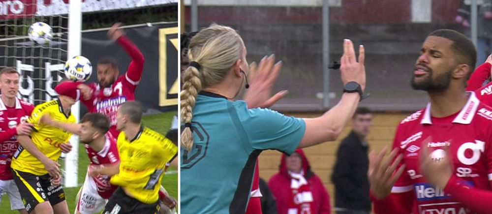 Tvådelad bild. Vänster: Fotbollsspelare kämpar om bollen. Höger: Domare diskuterar med spelare.