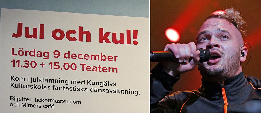 Rapparen Jul under ett framträdande med mikrofonen i ena handen. Till vänster en bild på skylten till föreställningen Jul och kul!