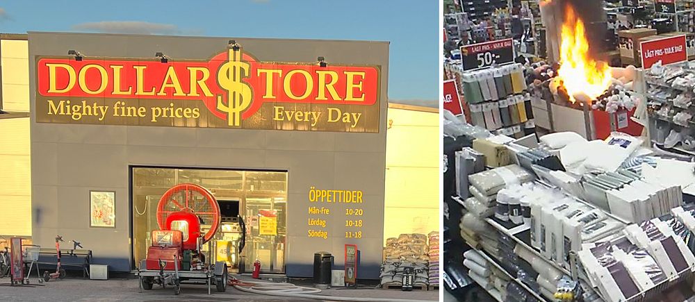 Tvådelad bild. Vänster: Dollarstore exteriör. Höger: Brand i butikens interiör.