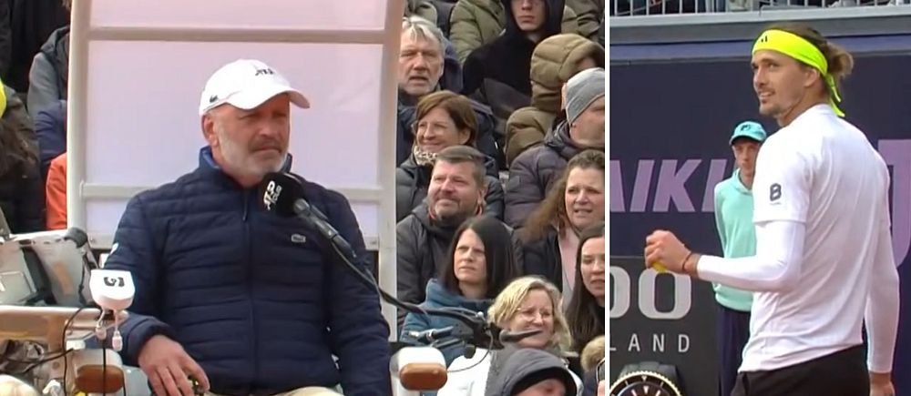 Tvådelad bild. Vänster: domare på tennisstol. Höger: tennisspelare med gul pannband.