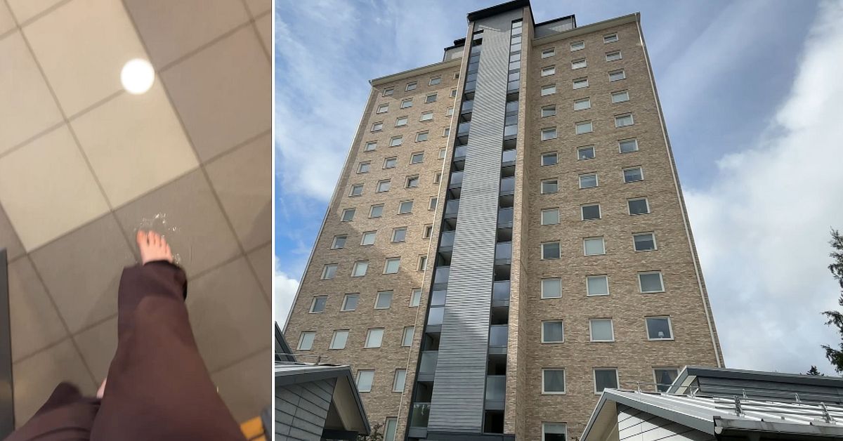 Stor vattenl&auml;cka i 14-v&aring;ningshus i Lule&aring; &ndash; se vattnet rinna ner i trapphuset