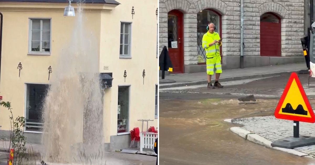 Vattenl&auml;cka skapade flera meter h&ouml;g font&auml;n i centrala Norrk&ouml;ping