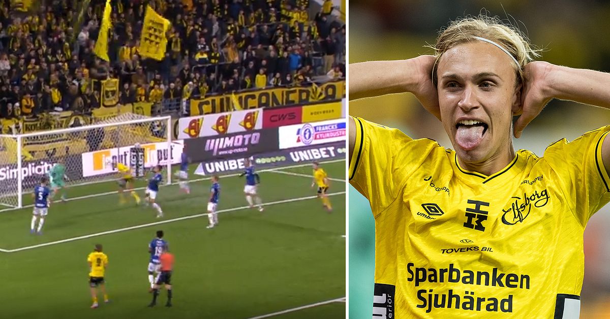 Elfsborgsspelare jublar efter mål mot HBK, med matchbild i bakgrunden