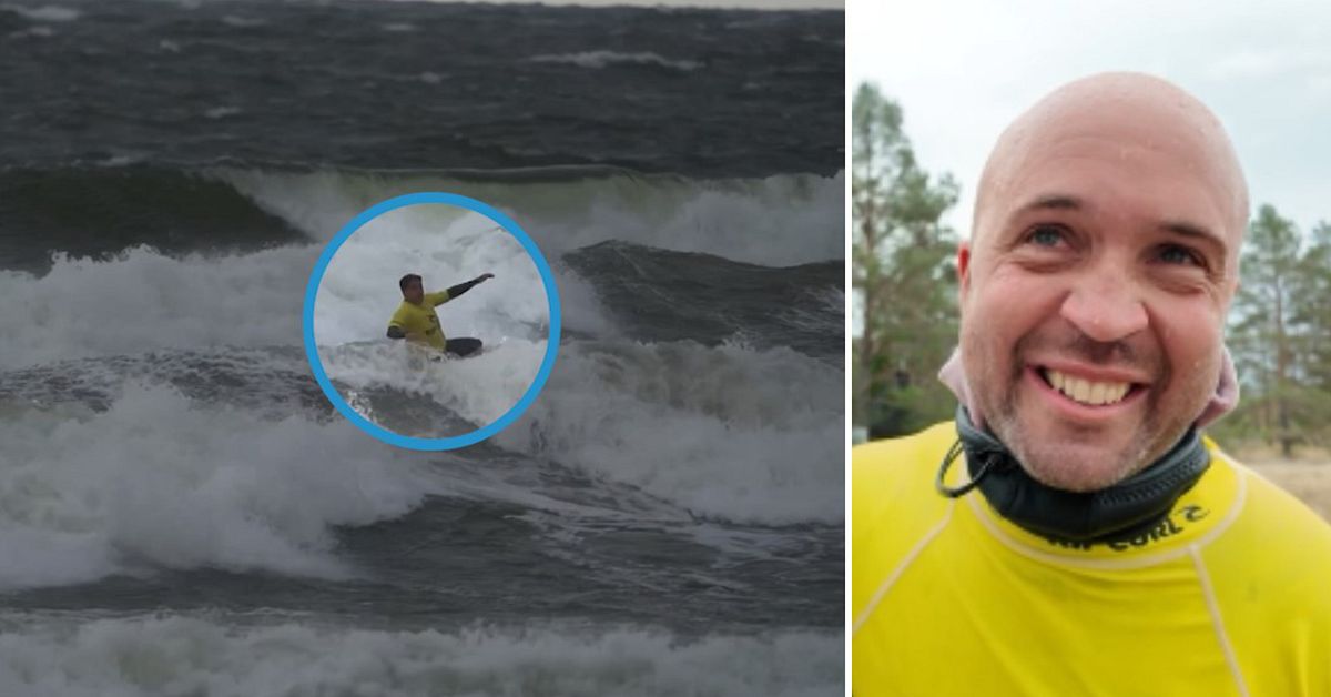 Här trotsar de ovädret – surfar mitt i stormen Amy: ”Svåraste jag någonsin tävlat i”